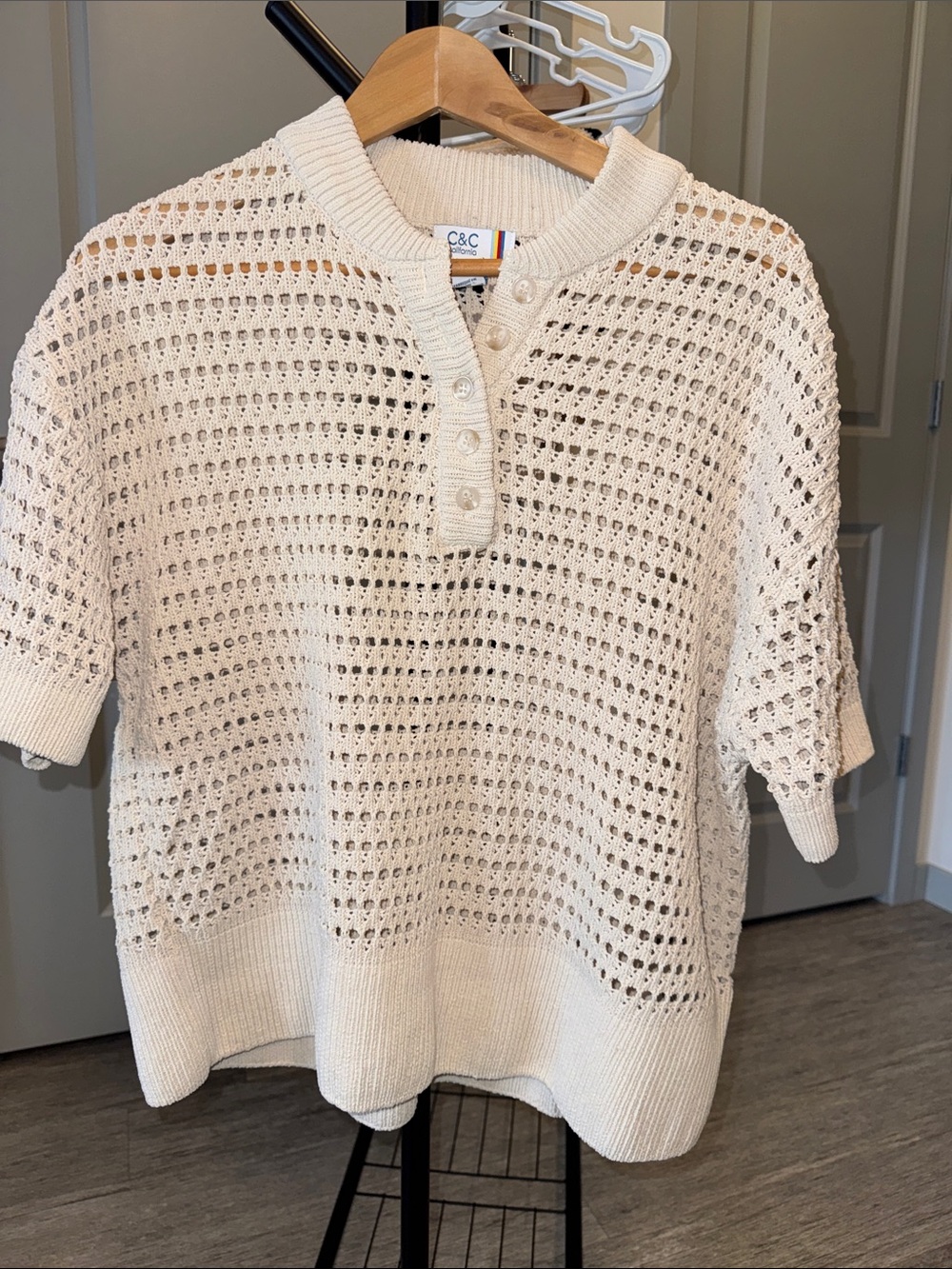 C&C California Cream Open-Knit Short-Sleeve Henley Sweater